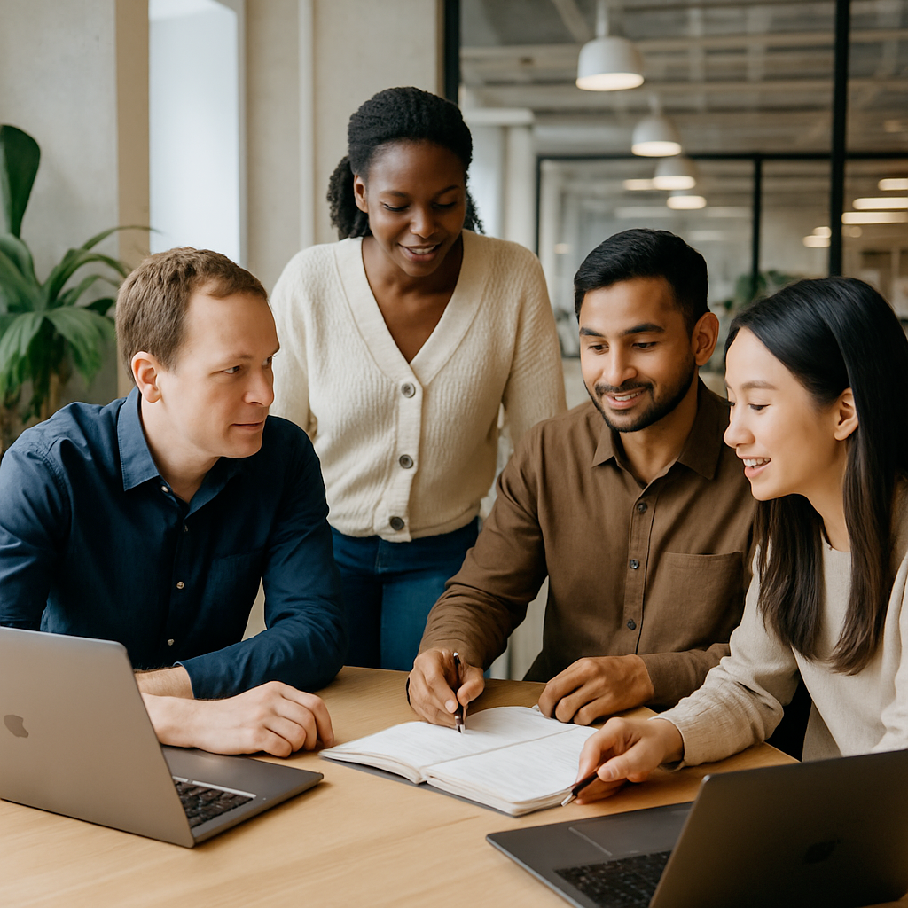 A team of engineers collaborating at a work desk, discussing a project