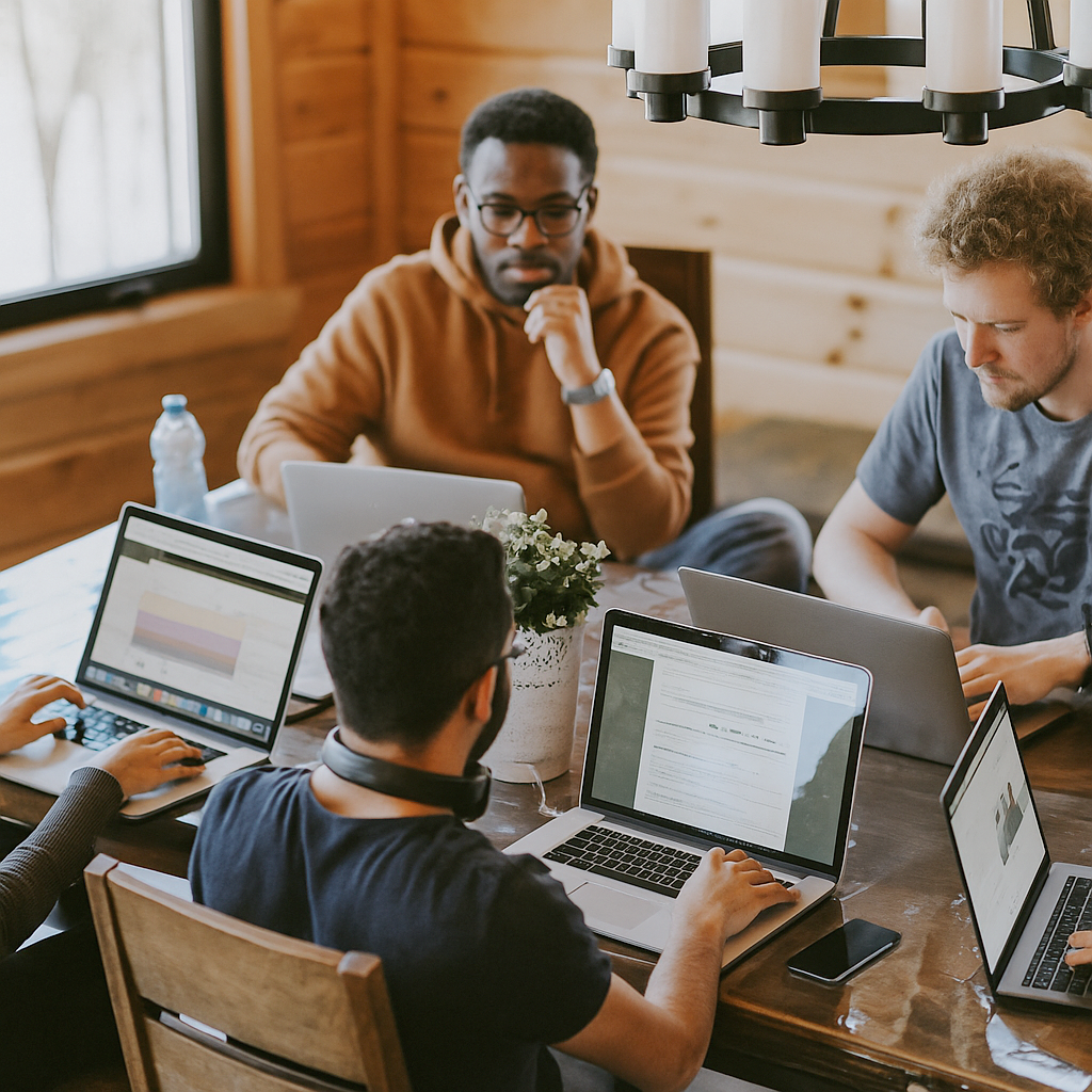 Four engineers working together at the same table, each focused on their individual tasks