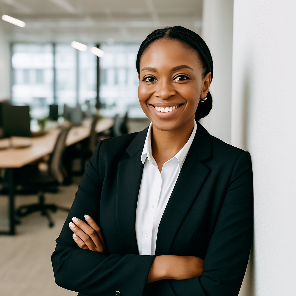 An African woman in an office, smiling confidently while leaning against the wall.